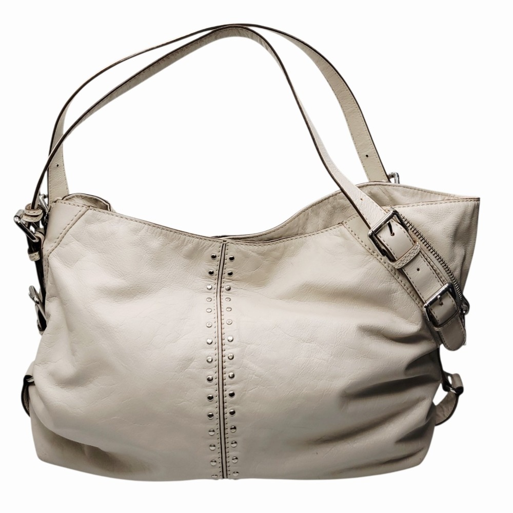 Michael Kors Ivory Leather Shoulder Bag Hobo Purse Studded Buckle Strap MK